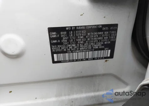 2021 Subaru Ascent Touring z USA, uszkodzony, nr VIN 4S4WMARD4M3464919